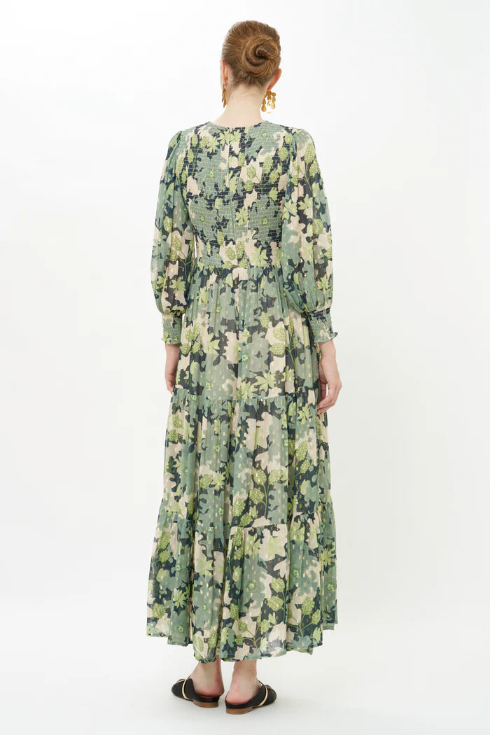 Oliphant Suzani Charcoal Smocked Top Maxi Dress