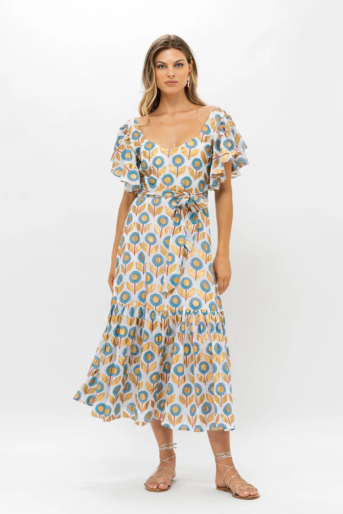 Oliphant Belted Flirty Maxi Floral Print Dress