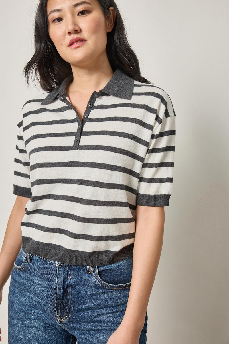 Lilla P Drop Shoulder Stripe Polo Sweater