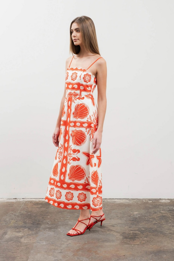 Moon River Sea Print Scallop Detail Dress