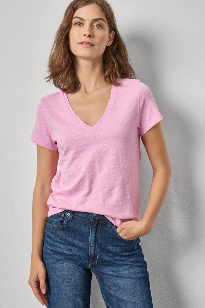 Lilla P Short Sleeve Back Seam V-Neck Taffy