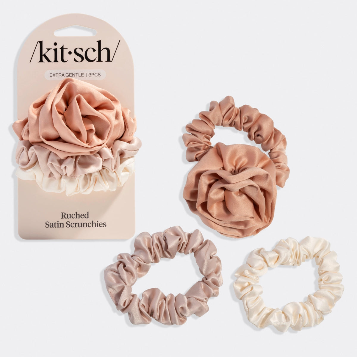 Kitsch Rosette Ruched Satin Scrunchies 3 pc Set
