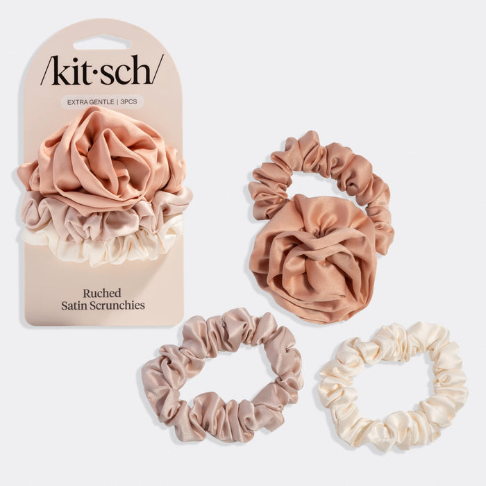 Kitsch Rosette Ruched Satin Scrunchies 3 pc Set