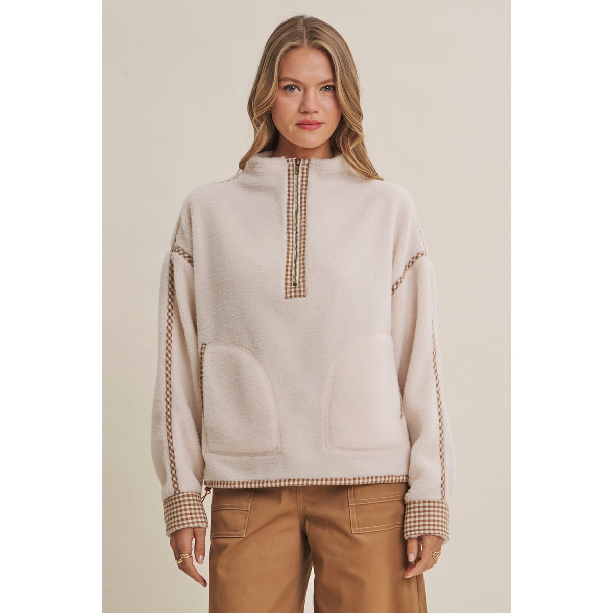 In February Gingham Trim Sherpa Half-Zip Pullover