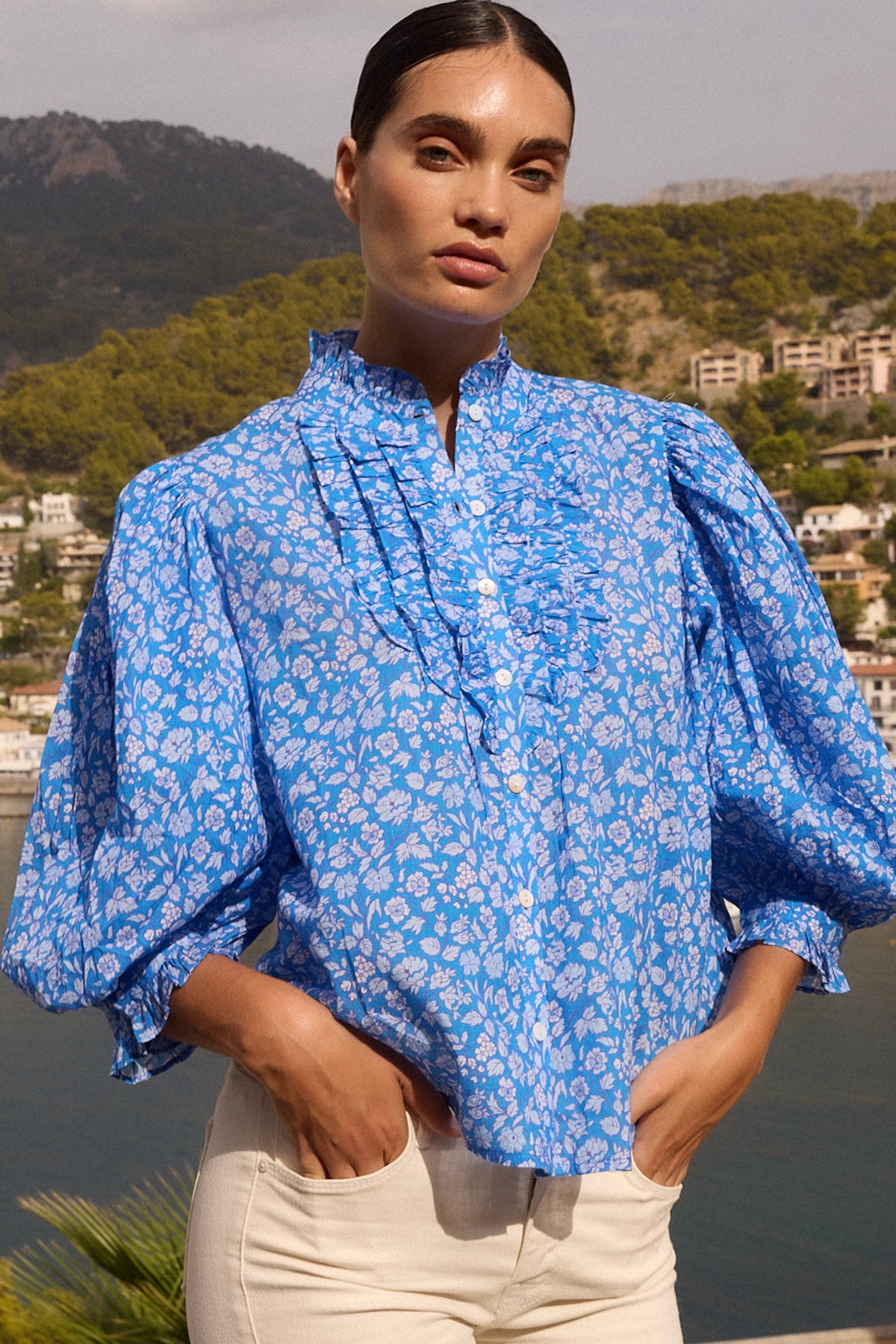 Oliphant Ruffle Front Blouse Ditsy Blue