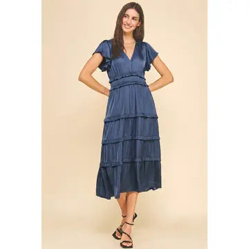 Pinch V-Neck Tiered Midi Dress