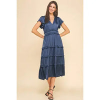Pinch V-Neck Tiered Midi Dress