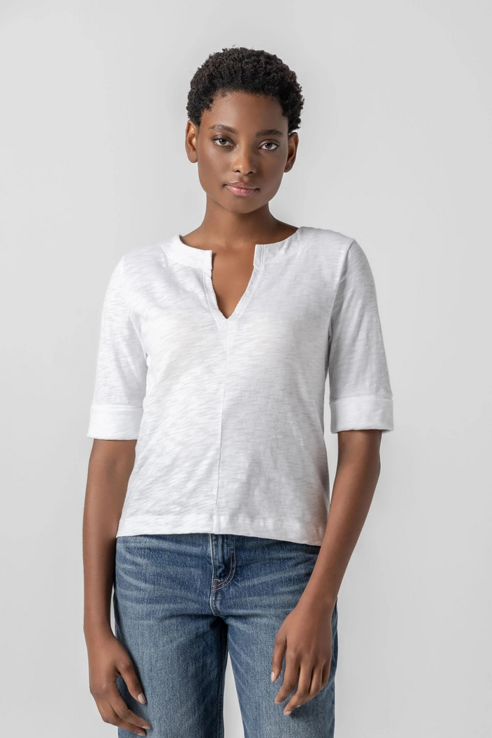 Lilla P Cuffed Sleeve Spilt Neck Top