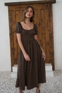 Moon River Plaid Shirred Puff Sleeve Midi Dress