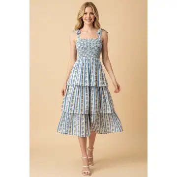 Pinch Striped Smocked Floral Midi Dress