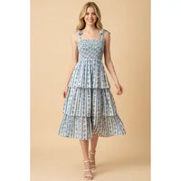 Pinch Striped Smocked Floral Midi Dress