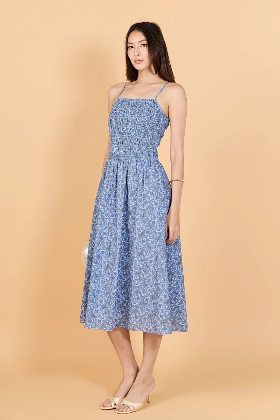 English Factory Checked Smocked Midi Dress - NAVY