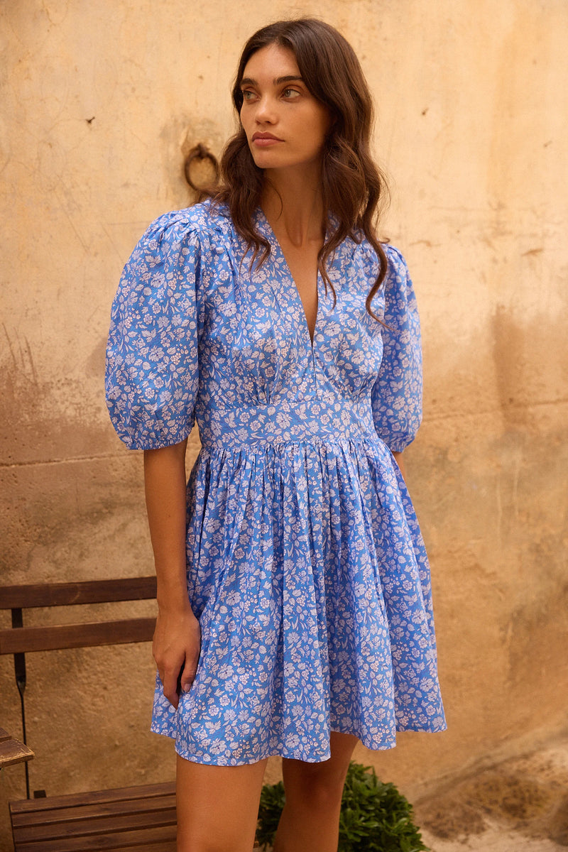 Oliphant V-Neck Puff Mini Dress Ditsy Blue Final Clearance – Shop