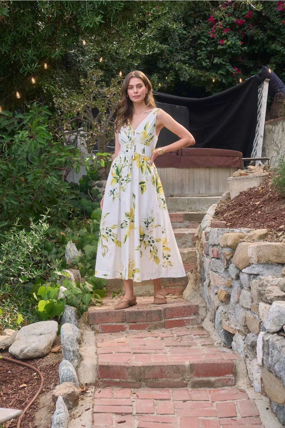 Moon River Floral Pleated Front Tie Midi Dress