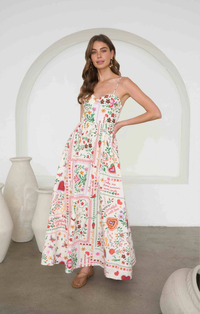 Moon River Floral Garland Pleated Midi Dress