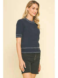 Pinch Cable Knit Short Sleeve Sweater