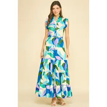 Pinch Leaf Print Tiered Maxi Dress