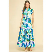 Pinch Leaf Print Tiered Maxi Dress