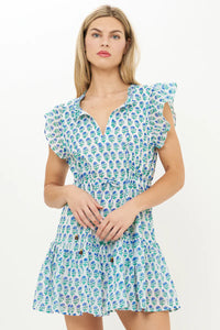 Oliphant Cinched Flirty Boti Print Short Dress