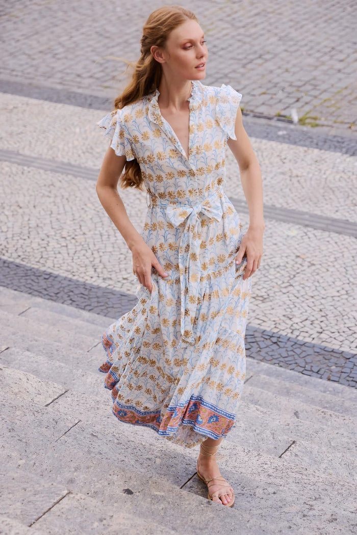Oliphant Ruffle Collar Button Maxi Geneva Blue