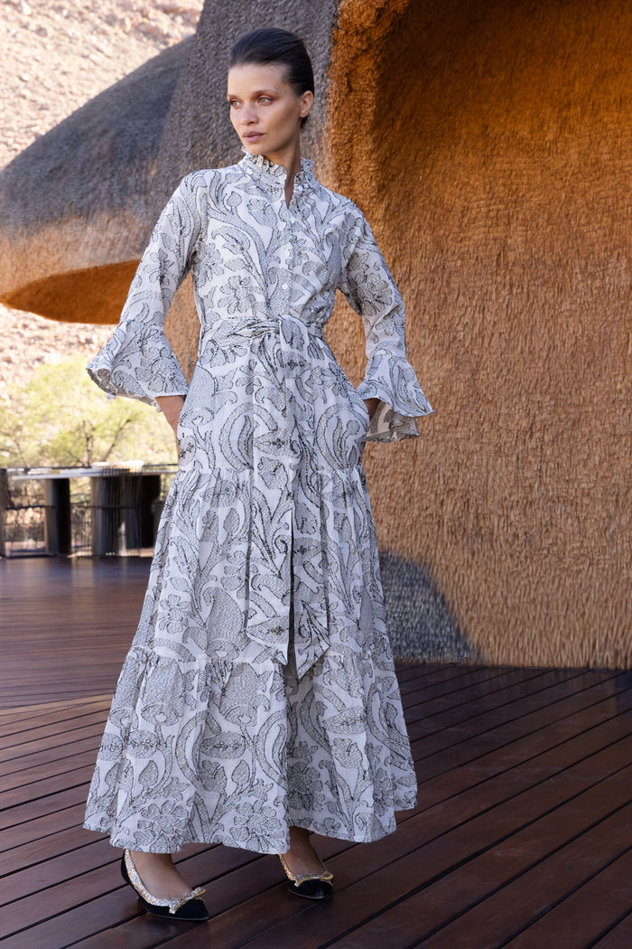 Oliphant Birch Taupe Ruffle Collar Maxi Dress