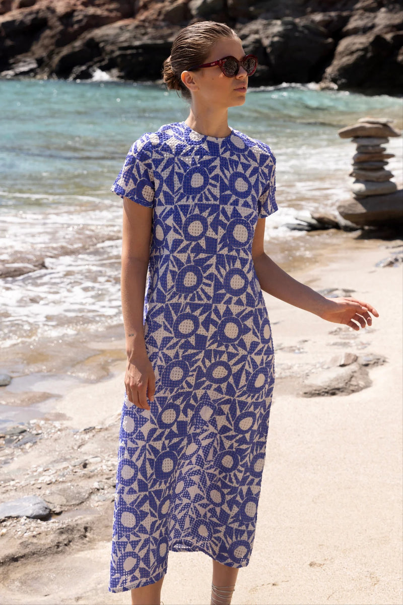 Oliphant Short Sleeve Shift Eclipse Blue Maxi Dress