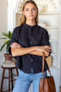 Emerson Fry Mandarin Collar Top Midnight Swiss Dot