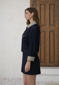 Moon River Contrast Plaid Collar Denim Jacket