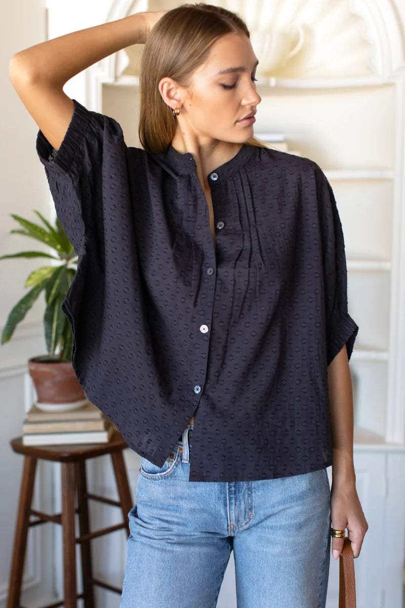 Emerson Fry Mandarin Collar Top Midnight Swiss Dot