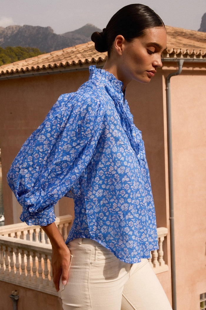 Oliphant Ruffle Front Blouse Ditsy Blue