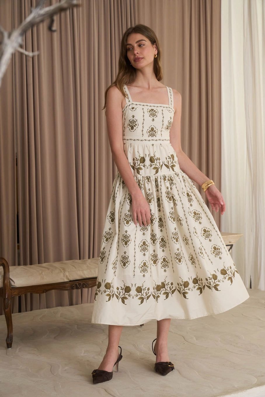 Moon River Botanical Print Midi Dress