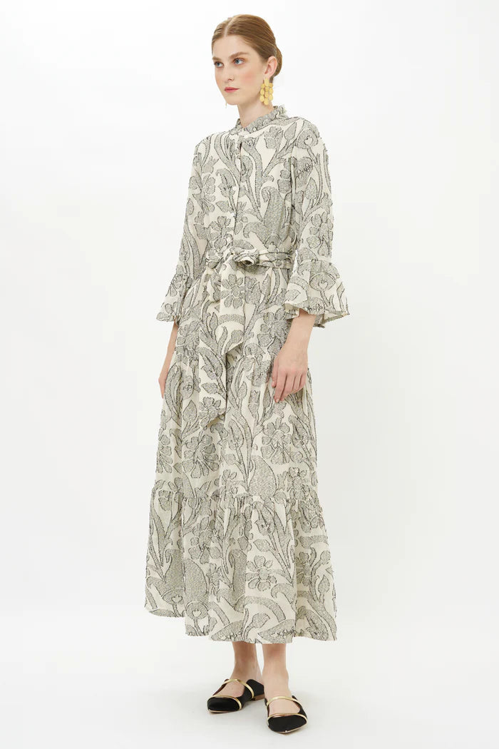 Oliphant Birch Taupe Ruffle Collar Maxi Dress