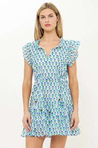 Oliphant Cinched Flirty Boti Print Short Dress