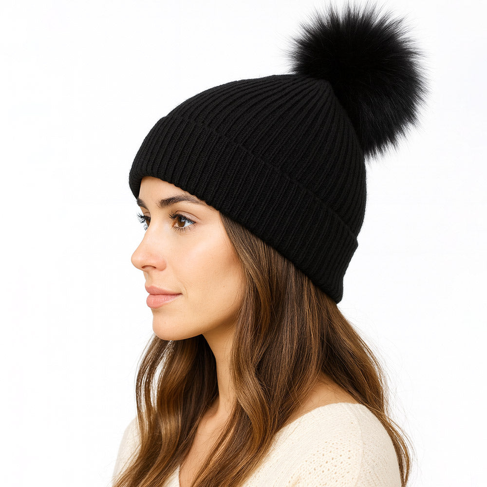Fox Fur Ribbed Knit PomPom Beanie