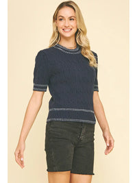 Pinch Cable Knit Short Sleeve Sweater