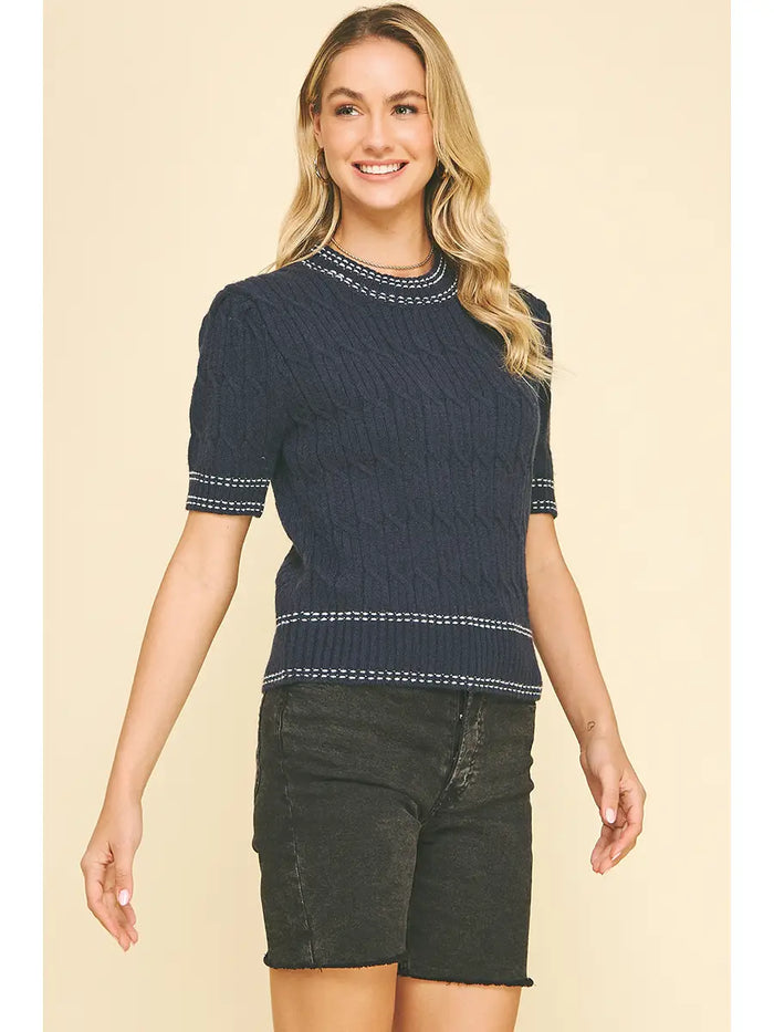 Pinch Cable Knit Short Sleeve Sweater