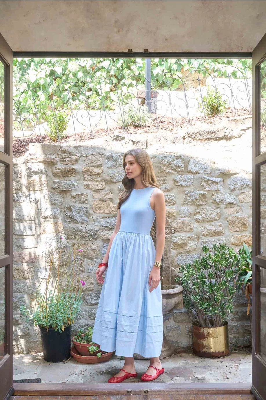 Moon River Striped Knit Mixed Media Midi Dress