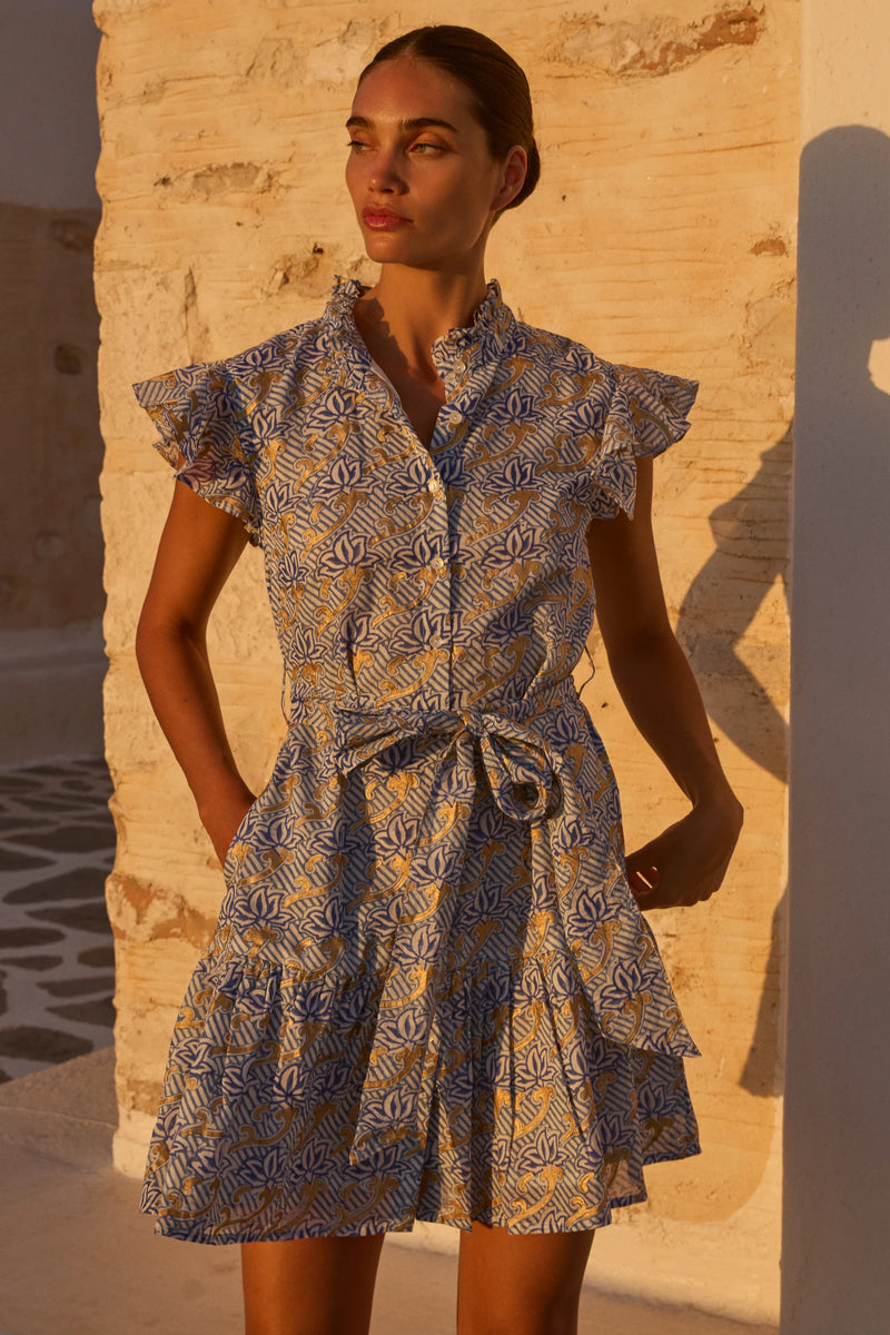 Florence Blue Ruffle Collar Button Mini Dress | Oliphant S