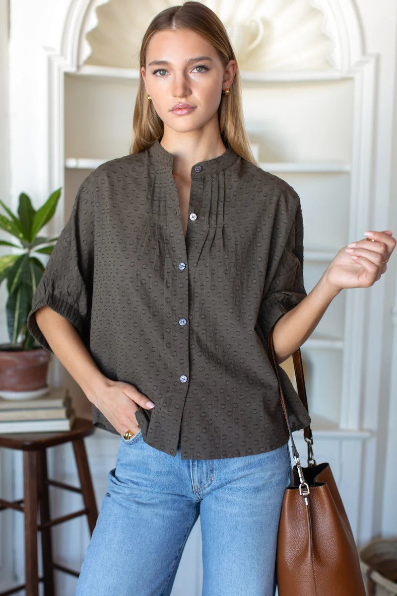 Emerson Fry Mandarin Collar Top Olive Grove Swiss