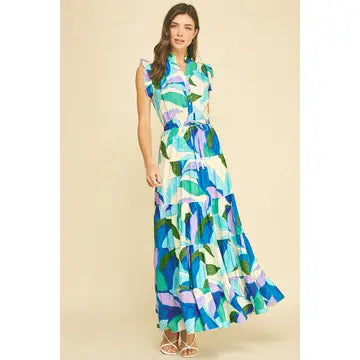 Pinch Leaf Print Tiered Maxi Dress