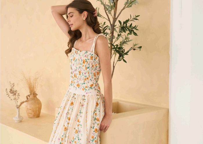Moon River Floral Garland Pleated Midi Dress