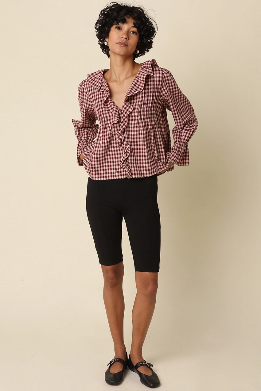 Olivaceous Hazel Gingham Ruffle Blouse