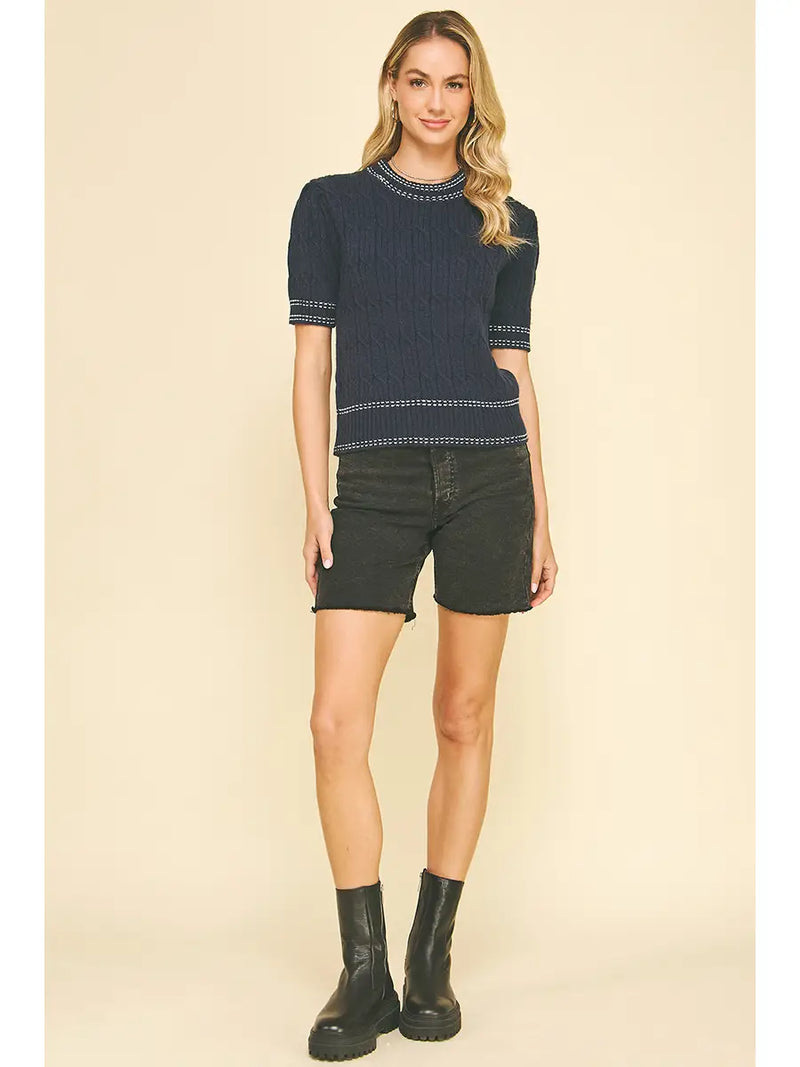 Pinch Cable Knit Short Sleeve Sweater