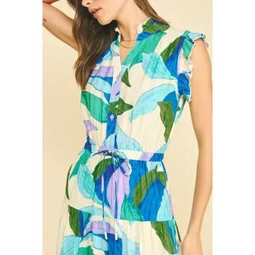 Pinch Leaf Print Tiered Maxi Dress