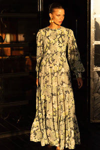 Oliphant Suzani Charcoal Smocked Top Maxi Dress