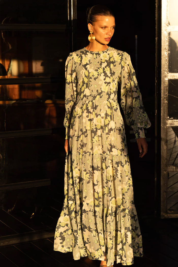 Oliphant Suzani Charcoal Smocked Top Maxi Dress