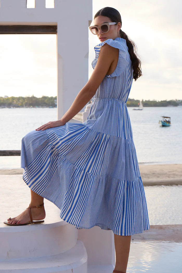 Oliphant Cinched Flirty Striped Henley Midi Dress