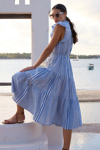 Oliphant Cinched Flirty Striped Henley Midi Dress