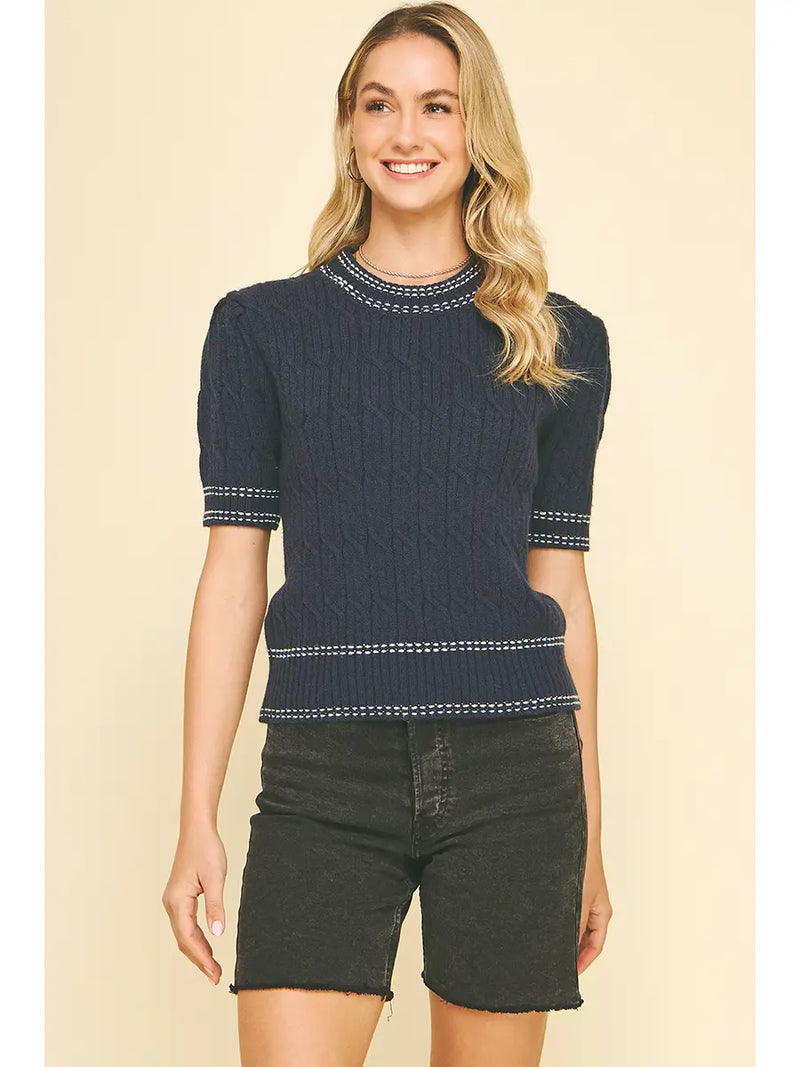 Pinch Cable Knit Short Sleeve Sweater