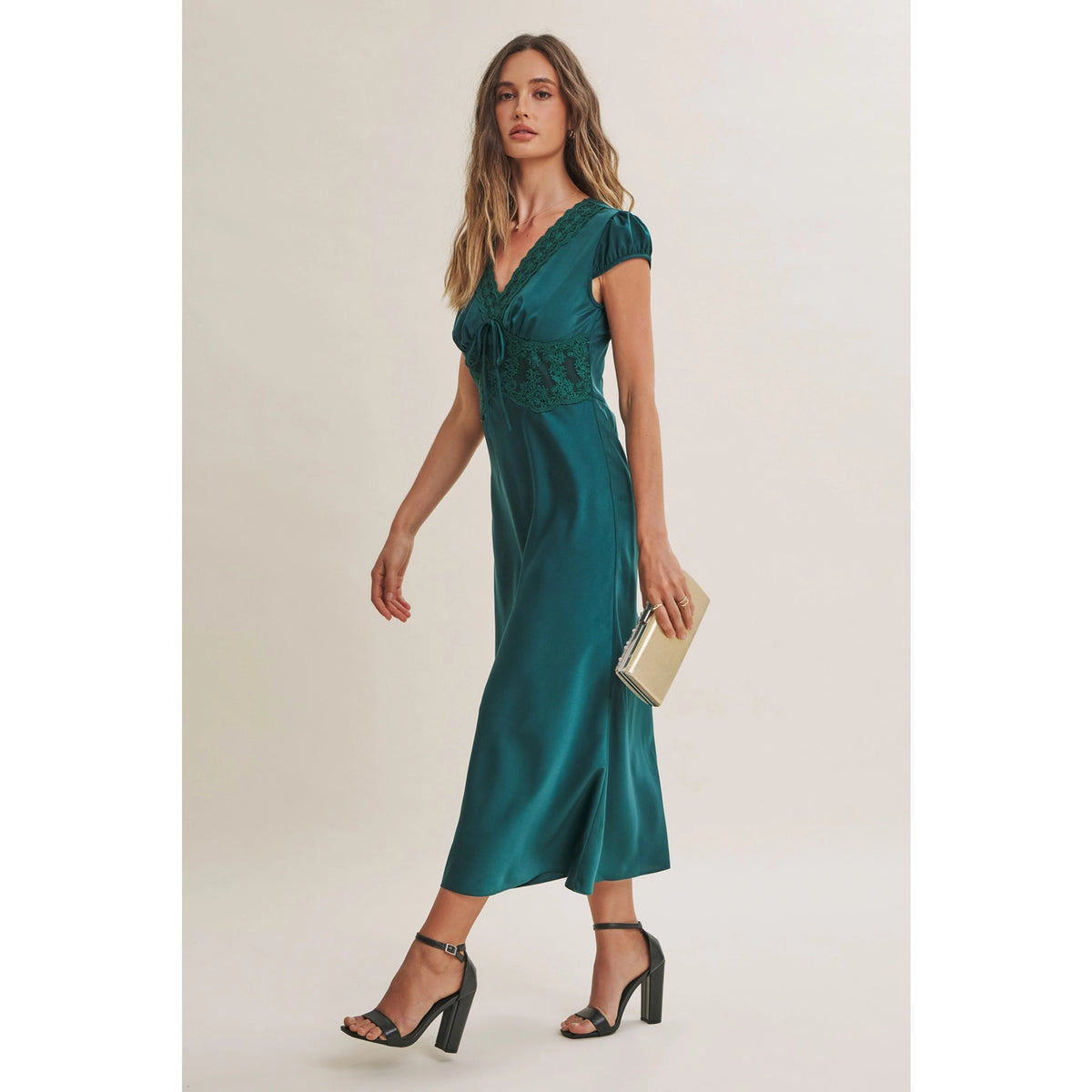 In February Silky Satin Lace Midi Dress
